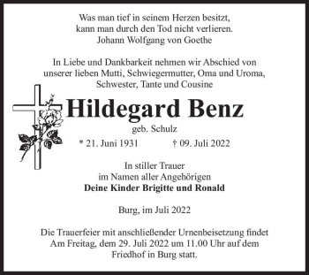 Traueranzeige von Hildegard Benz (geb. Schulz)  von Magdeburger Volksstimme