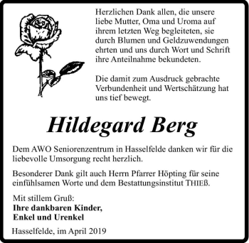 Traueranzeige von Hildegard Berg  von Magdeburger Volksstimme