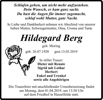 Traueranzeige von Hildegard Berg (geb. Moring)  von Magdeburger Volksstimme