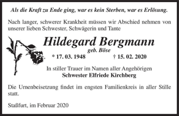 Traueranzeige von Hildegard Bergmann (geb. Böse)  von Magdeburger Volksstimme