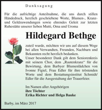 Traueranzeige von Hildegard Bethge  von Magdeburger Volksstimme