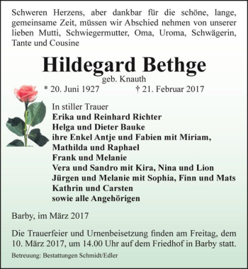 Traueranzeige von Hildegard Bethge (geb. Knauth)  von Magdeburger Volksstimme