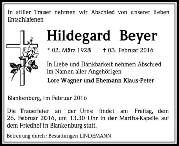 Traueranzeige von Hildegard Beyer  von Magdeburger Volksstimme