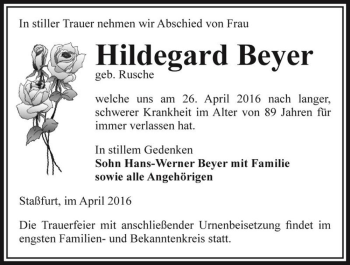 Traueranzeige von Hildegard Beyer (geb. Rusche)  von Magdeburger Volksstimme