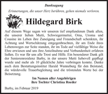 Traueranzeige von Hildegard Birk  von Magdeburger Volksstimme
