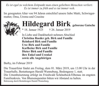 Traueranzeige von Hildegard Birk (geb. Gutsche)  von Magdeburger Volksstimme