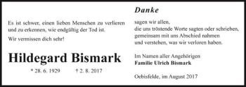 Traueranzeige von Hildegard Bismark  von Magdeburger Volksstimme