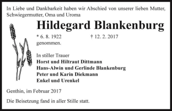 Traueranzeige von Hildegard Blankenburg  von Magdeburger Volksstimme
