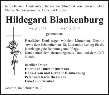 Traueranzeige von Hildegard Blankenburg  von Magdeburger Volksstimme