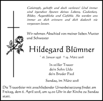 Traueranzeige von Hildegard Blümner  von Magdeburger Volksstimme