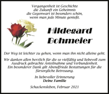 Traueranzeige von Hildegard Bohmeier  von Magdeburger Volksstimme