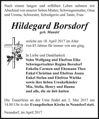 Traueranzeige von Hildegard Borsdorf (geb. Mandel)  von Magdeburger Volksstimme
