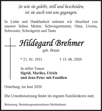 Traueranzeige von Hildegard Brehmer (geb. Braun)  von Magdeburger Volksstimme