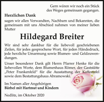 Traueranzeige von Hildegard Breiter  von Magdeburger Volksstimme