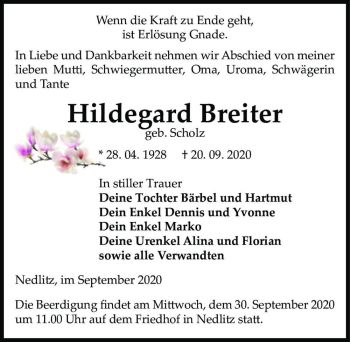 Traueranzeige von Hildegard Breiter (geb. Scholz)  von Magdeburger Volksstimme