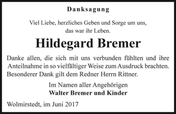 Traueranzeige von Hildegard Bremer  von Magdeburger Volksstimme