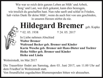 Traueranzeige von Hildegard Bremer (geb. Kupka)  von Magdeburger Volksstimme