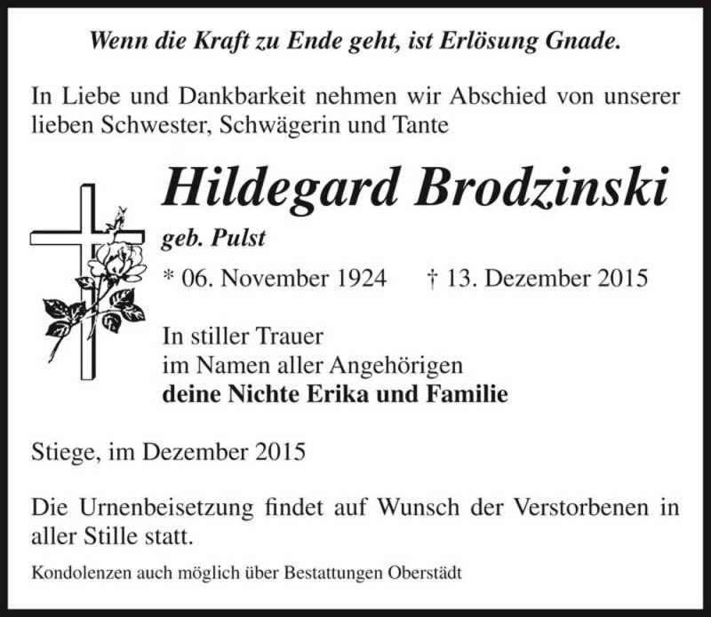  Traueranzeige für Hildegard Brodzinski (geb. Pulst)  vom 17.12.2015 aus Magdeburger Volksstimme