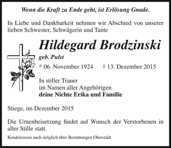 Traueranzeige von Hildegard Brodzinski (geb. Pulst)  von Magdeburger Volksstimme