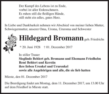 Traueranzeige von Hildegard Bromann (geb. Friedrichs)  von Magdeburger Volksstimme