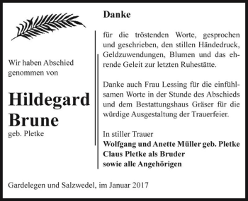 Traueranzeige von Hildegard Brune (geb. Pletke)  von Magdeburger Volksstimme