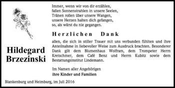 Traueranzeige von Hildegard Brzezinski  von Magdeburger Volksstimme