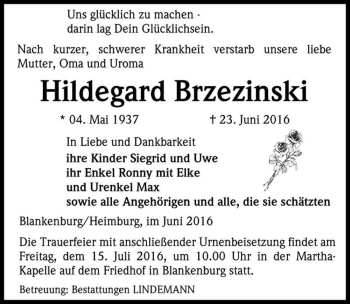 Traueranzeige von Hildegard Brzezinski  von Magdeburger Volksstimme