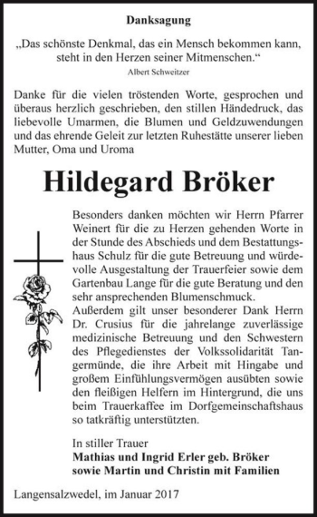Traueranzeige von Hildegard Bröker  von Magdeburger Volksstimme