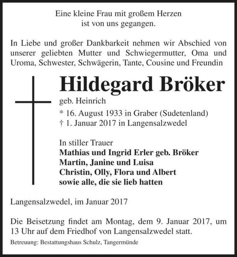  Traueranzeige für Hildegard Bröker (geb. Heinrich)  vom 04.01.2017 aus Magdeburger Volksstimme