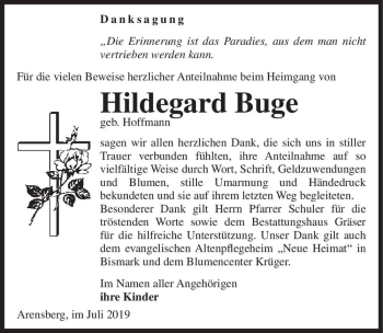 Traueranzeige von Hildegard Buge (geb. Hoffmann)  von Magdeburger Volksstimme