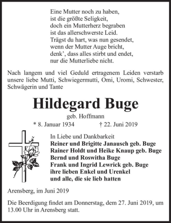 Traueranzeige von Hildegard Buge (geb. Hoffmann)  von Magdeburger Volksstimme