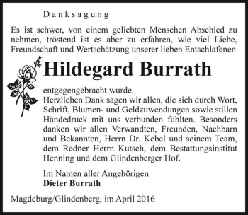 Traueranzeige von Hildegard Burrath  von Magdeburger Volksstimme