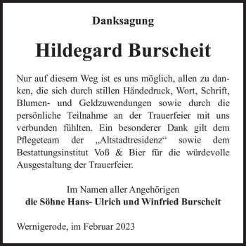 Traueranzeige von Hildegard Burscheit  von Magdeburger Volksstimme