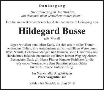 Traueranzeige von Hildegard Busse (geb. Musall)  von Magdeburger Volksstimme