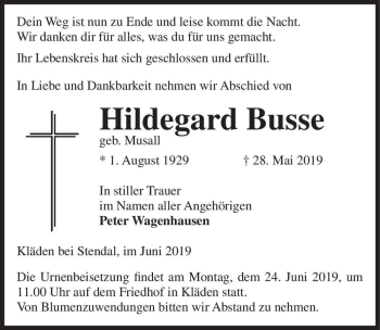 Traueranzeige von Hildegard Busse (geb. Musall)  von Magdeburger Volksstimme