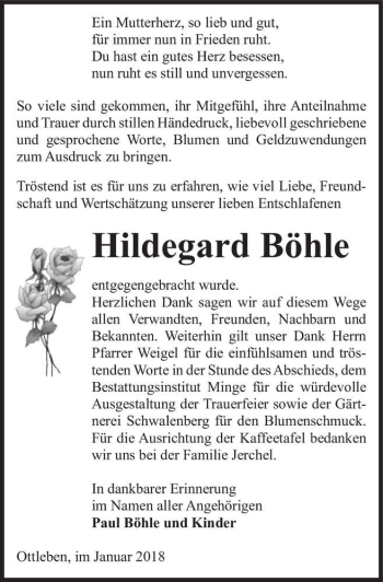 Traueranzeige von Hildegard Böhle  von Magdeburger Volksstimme