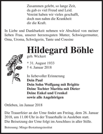Traueranzeige von Hildegard Böhle (geb. Wickert)  von Magdeburger Volksstimme