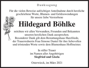 Traueranzeige von Hildegard Böhlke  von Magdeburger Volksstimme