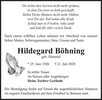 Traueranzeige von Hildegard Böhning (geb. Demmel)  von Magdeburger Volksstimme