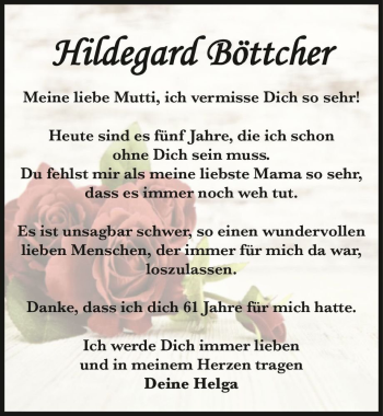 Traueranzeige von Hildegard Böttcher  von Magdeburger Volksstimme