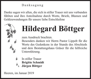 Traueranzeige von Hildegard Böttger  von Magdeburger Volksstimme