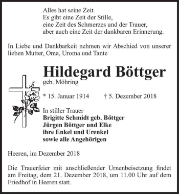 Traueranzeige von Hildegard Böttger (geb. Möhring)  von Magdeburger Volksstimme