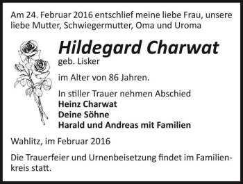 Traueranzeige von Hildegard Charwat (geb. Lisker)  von Magdeburger Volksstimme