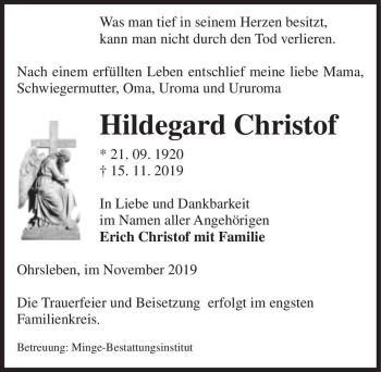 Traueranzeige von Hildegard Christof  von Magdeburger Volksstimme