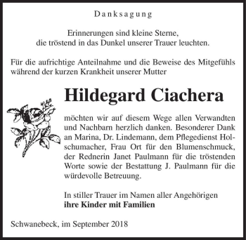 Traueranzeige von Hildegard Ciachera  von Magdeburger Volksstimme