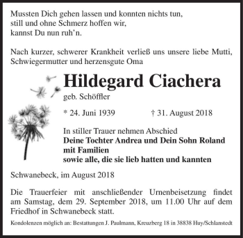 Traueranzeige von Hildegard Ciachera (geb. Schöffler)  von Magdeburger Volksstimme