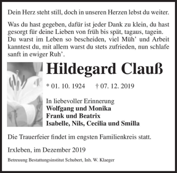 Traueranzeige von Hildegard Clauß  von Magdeburger Volksstimme