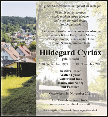 Traueranzeige von Hildegard Cyriax (geb. Bittschi)  von Magdeburger Volksstimme