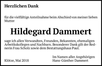 Traueranzeige von Hildegard Dammert  von Magdeburger Volksstimme