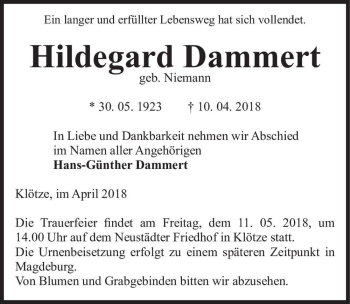Traueranzeige von Hildegard Dammert (geb. Niemann)  von Magdeburger Volksstimme